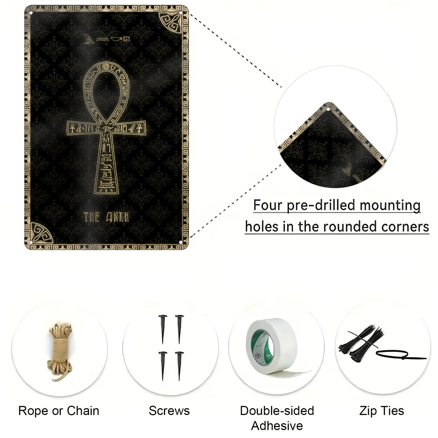 1pc Egyptian Ankh Cross Metal Wall Art | Golden and Black Ancient Egyptian Symbol with Hieroglyphic Border | 12x8 Inch Cultural Decor for Home Office Living Room Bedroom