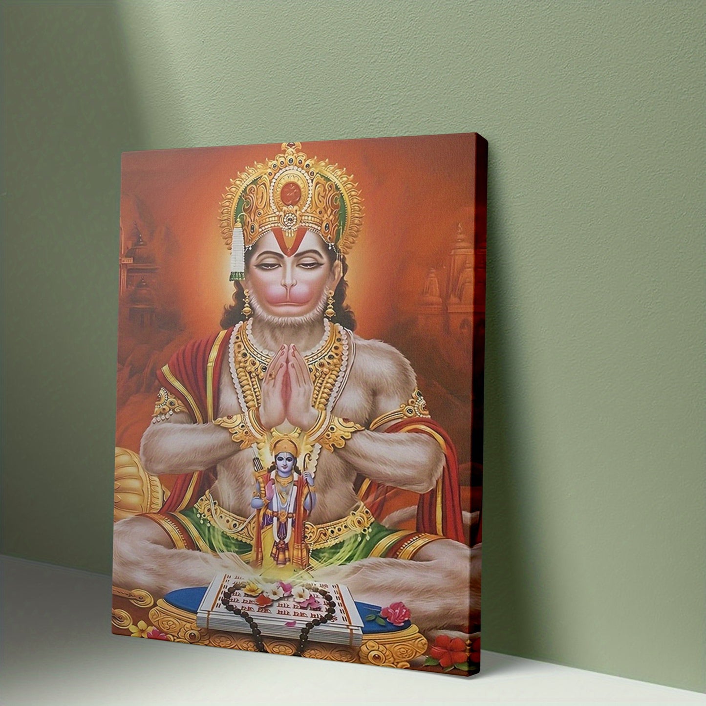 1pc Framed 2D Flat Canvas Artwork Lord Hanuman and Lord Rama Spiritual Wall Art for Living Room Bedroom Office Meditation Room Temple Yoga Studio