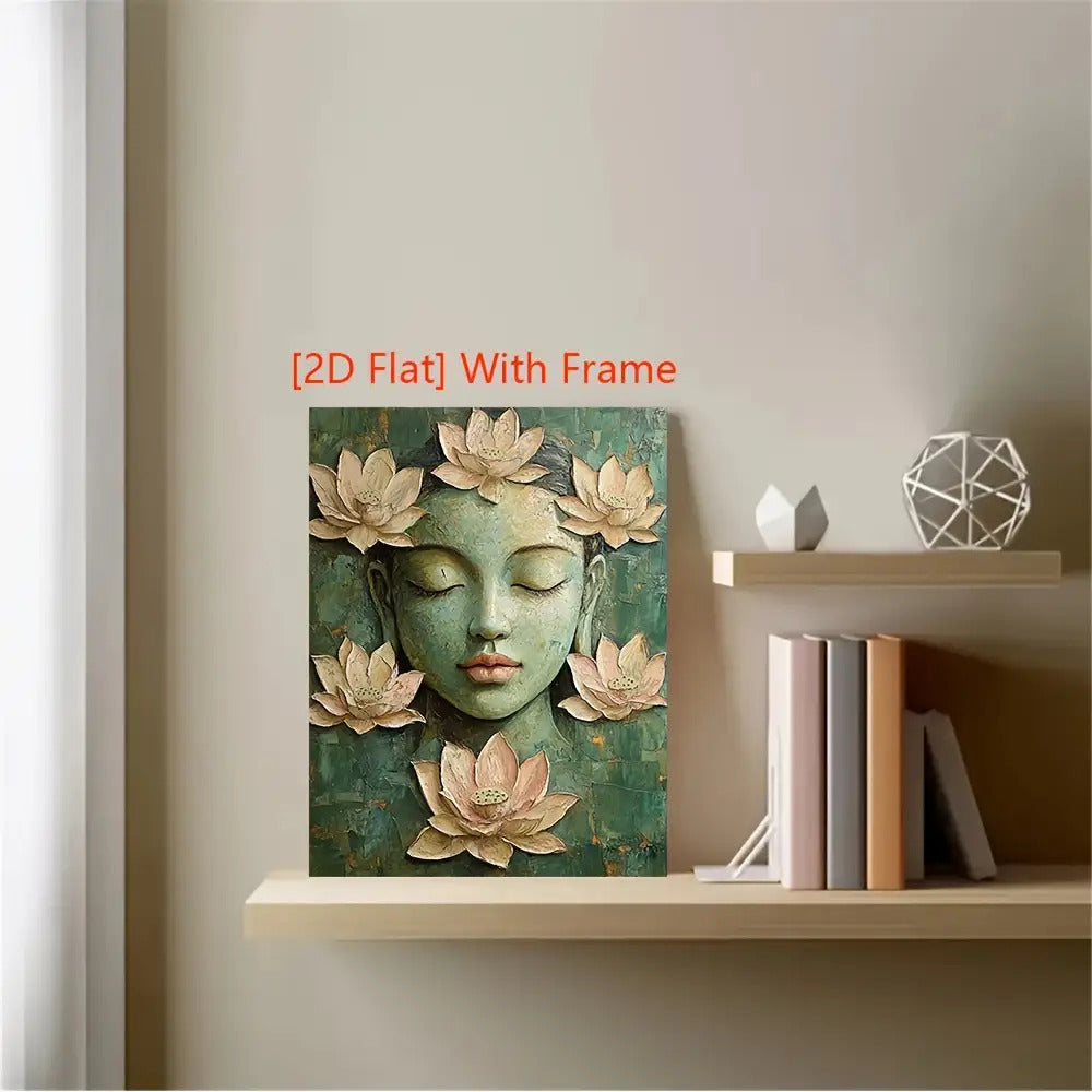 1pc 2D Flat 12.0x16.0inch Serene Buddha Canvas Painting with Wood Frame Green Beige Lotus Meditation Art Boho Spiritual Wall Decor for Home Office Yoga Studio Regenerated Wood Ready to Hang Perfect for Room Decor Yoga Studio Art