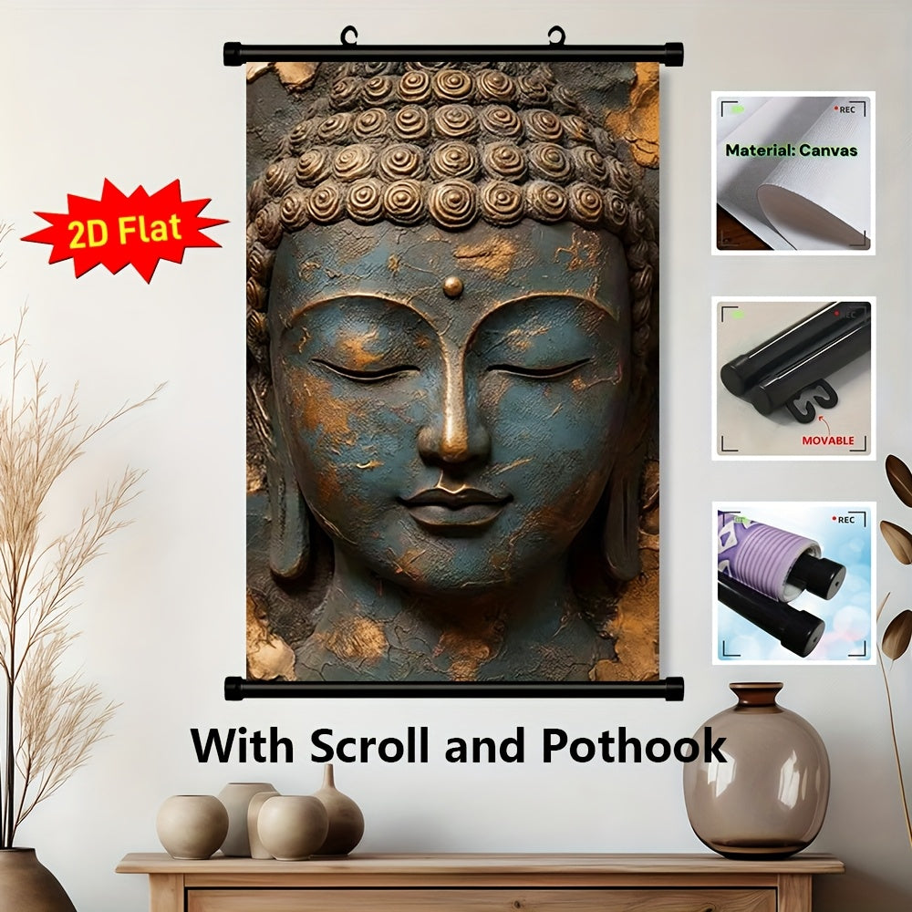 2D Flat 1pc Hanging Scroll Canvas Wall Art Poster | Serene Buddha Face Design in Blue and Brown | Flat Canvas Print for Living Room Office Meditation Spaces | Spiritual Home Decor Gift | Ready to Hang