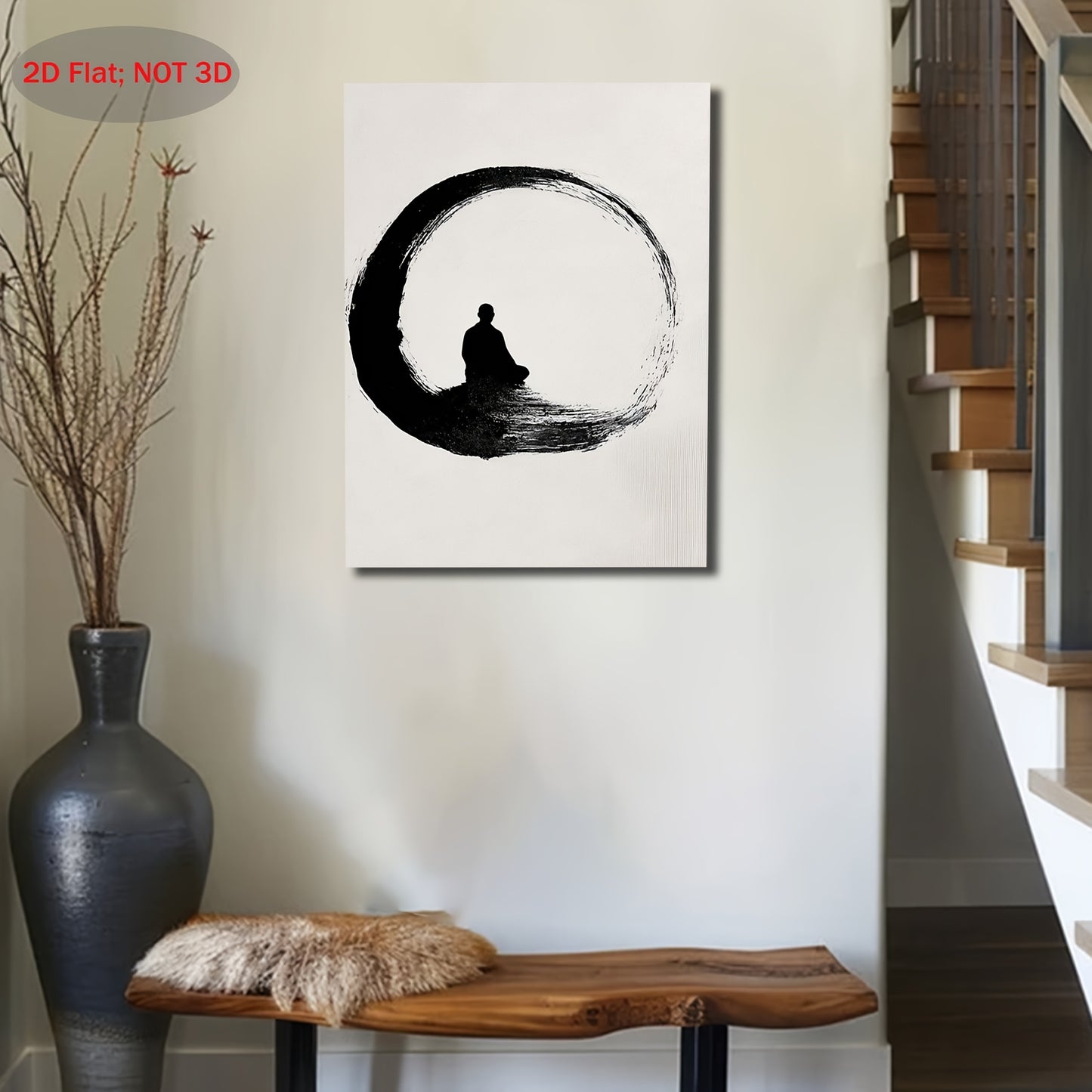 2D Flat 1pc Wooden Frame Canvas Painting Zen Enso Circle Wall Art Minimalist Meditating Monk Print Black White Japanese Style Spiritual Vertical Wall Decor Holiday Gift Beautiful Family Gift Suitable for Bedroom Living Room