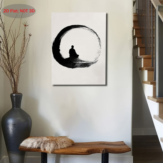 2D Flat 1pc Wooden Frame Canvas Painting Zen Enso Circle Wall Art Minimalist Meditating Monk Print Black White Japanese Style Spiritual Vertical Wall Decor Holiday Gift Beautiful Family Gift Suitable for Bedroom Living Room