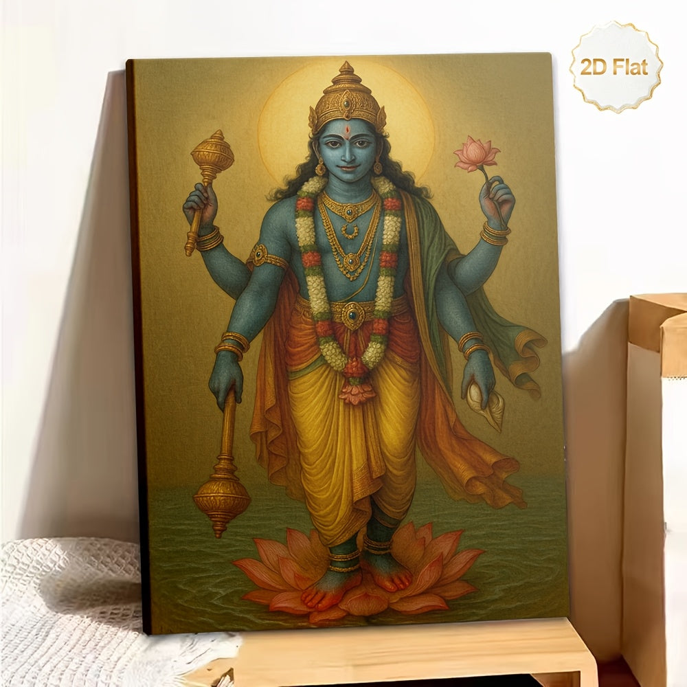 1pc 2D Flat Framed Hindu Deity Vishnu Canvas Painting Four Main Forms Chatur-Skhanda Spiritual Wall Art for Living Room Bedroom Meditation Room Office Temple