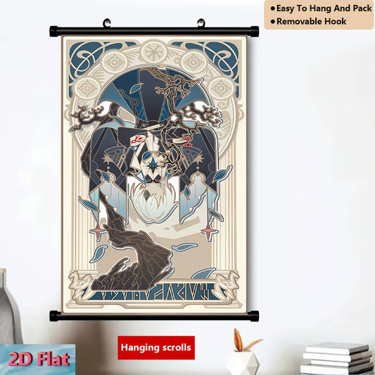 2D Flat 1pc Samurai and Koi Fish Hanging Scroll Canvas Wall Art | Wood Frame with Celtic Knot Inspired Border | Dark Blue and Beige Traditional Calligraphy Decor for Home or Office