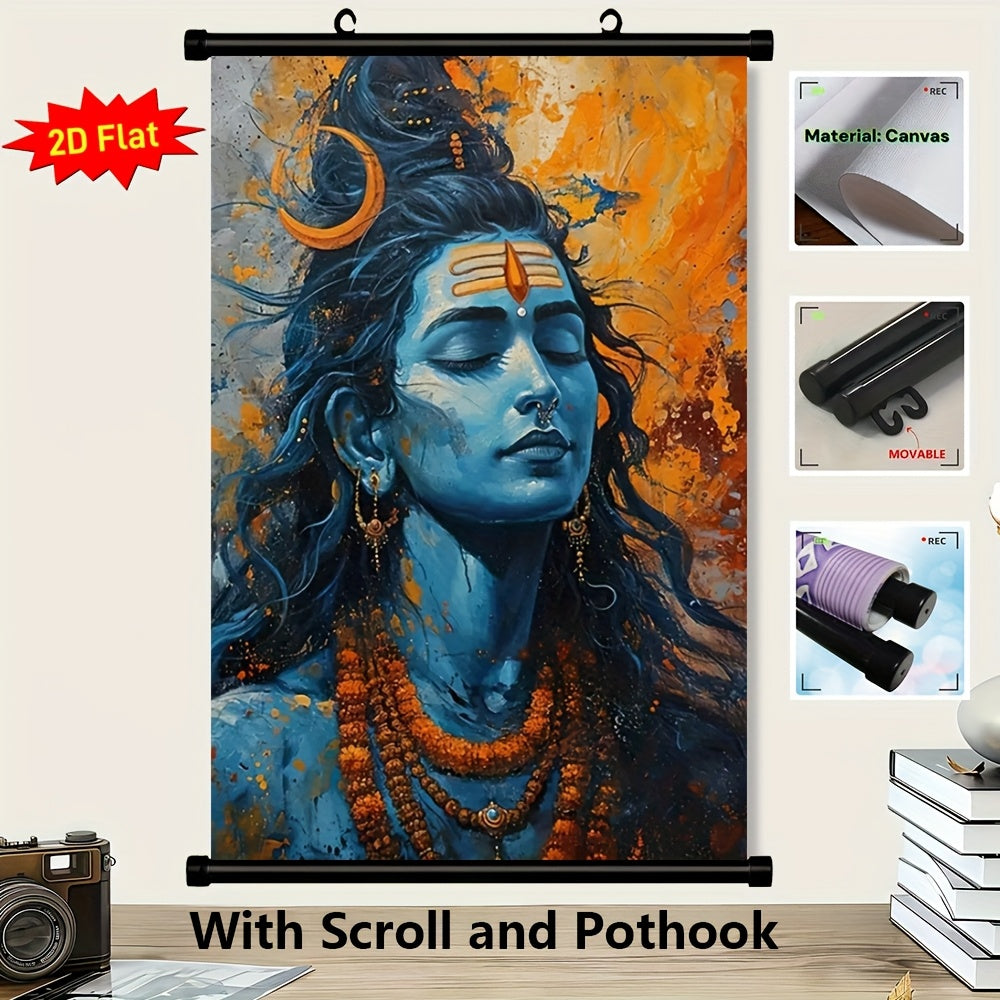 2D Flat Lord Shiva Hindu Deity Framed Canvas Wall Art | Blue and Golden Sacred Spiritual Decor for Home Temple Office or Dorm | Ready to Hang Scroll Poster Print Compatible with Indian Sutra Rods