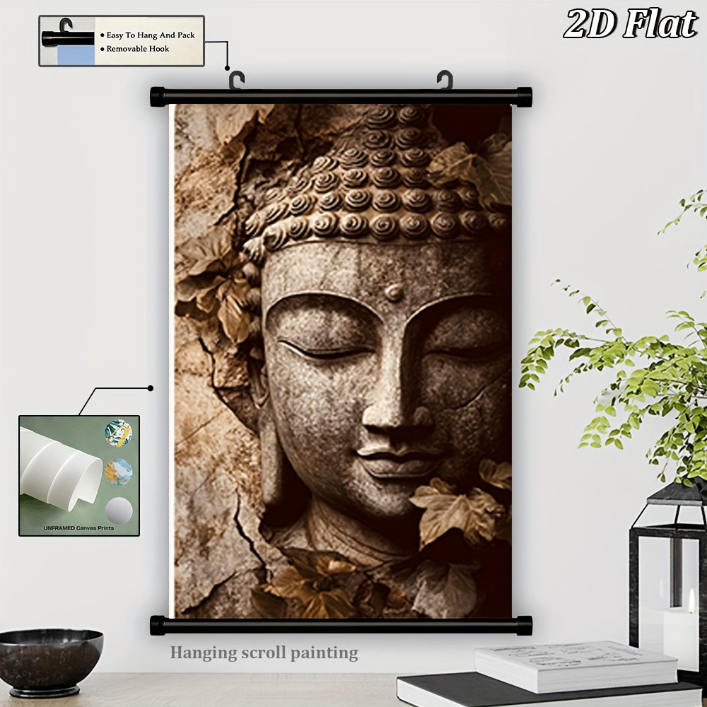 2D Flat 1pc Buddha Face Hanging Scroll Canvas Painting | French Art Deco Contemporary Zen Wall Art in Beige and Brown | Frameless Scroll for Meditation Spaces Living Room Bedroom or Office | Durable Spiritual Decor