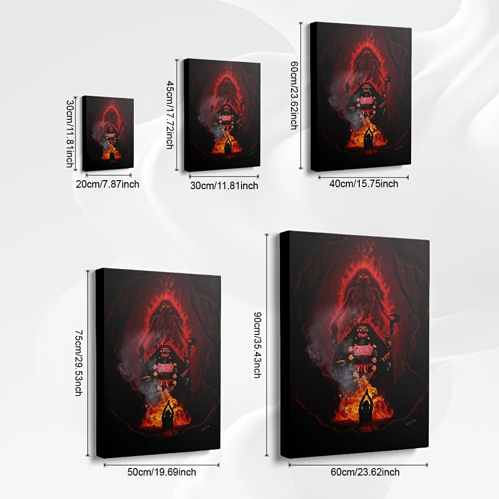 1pc 2D Flat Framed Canvas Painting Hindu Goddess Kali Skeleton and Flames Spiritual Wall Art for Living Room Bedroom Study Meditation Room Office