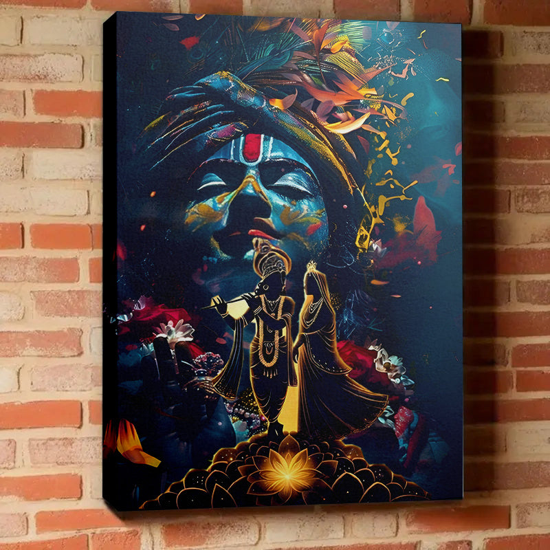 2D Flat 1pc Framed Canvas Painting Divine Harmony Lord Krishna and Radha in Lotus Blossom | Vibrant Hindu Deities Artwork | Recycled Wood Frame | Ready to Hang Spiritual Wall Decor for Living Room Temple or Sacred Spaces