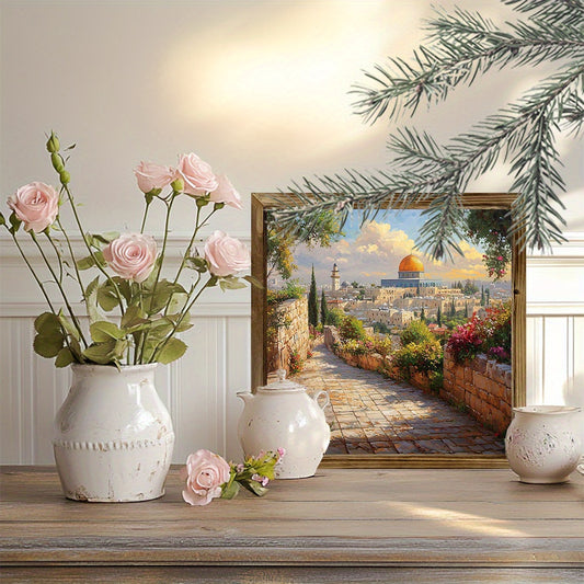 1pc 8x8 Inch Wooden Framed Ramadan Mosque Art Sign | Islamic Architecture with Vibrant Floral and Landscape Design | Rustic Wall Décor for Bedroom Living Room or Office | Thoughtful Gift for Eid Christmas or Housewarming | 2D Flat