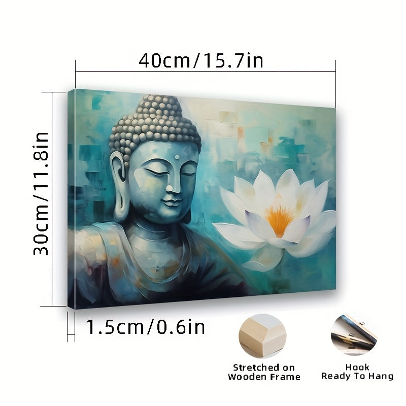 2D Flat Framed Zen Buddha in Lotus Canvas Wall Art | Serene Blue Halo Buddha with White Lotus | Wooden Frame Horizontal Spiritual Decor for Meditation Rooms Yoga Spaces Living Room and Bedroom