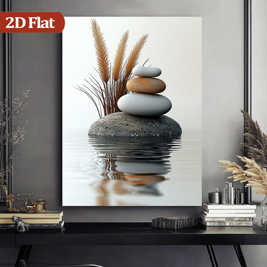 2D Flat 1pc Framed Zen Spa Water Painting Modern Minimalist Zen Reed Stacked Stones Vertical Oil-Painted Canvas Decor Housewarming Gift Suitable for Bedroom Living Room Bathroom Office Vertical Portrait Orientation