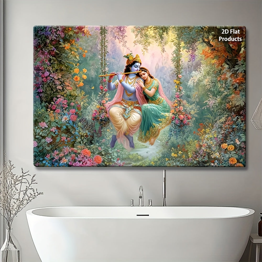 2D Flat Lord Krishna Playing Flute with Radha | Vibrant Floral Garden Canvas Painting | Modern Indian Art Framed Wall Decor for Living Room Bedroom or Office | Ready-to-Hang Wrapped Canvas Print | Hindu Cultural Decor