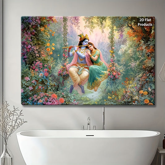 2D Flat Lord Krishna Playing Flute with Radha | Vibrant Floral Garden Canvas Painting | Modern Indian Art Framed Wall Decor for Living Room Bedroom or Office | Ready-to-Hang Wrapped Canvas Print | Hindu Cultural Decor