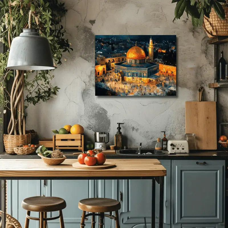 1pc 2D Flat Large Framed Islamic Wall Art | Dome of Al Aqsa Mosque Jerusalem with Golden Starry Sky | Elegant Aerial Night View Canvas for Muslim Homes Offices and Cultural Spaces | Premium Natural Wood Frame | 2D Flat