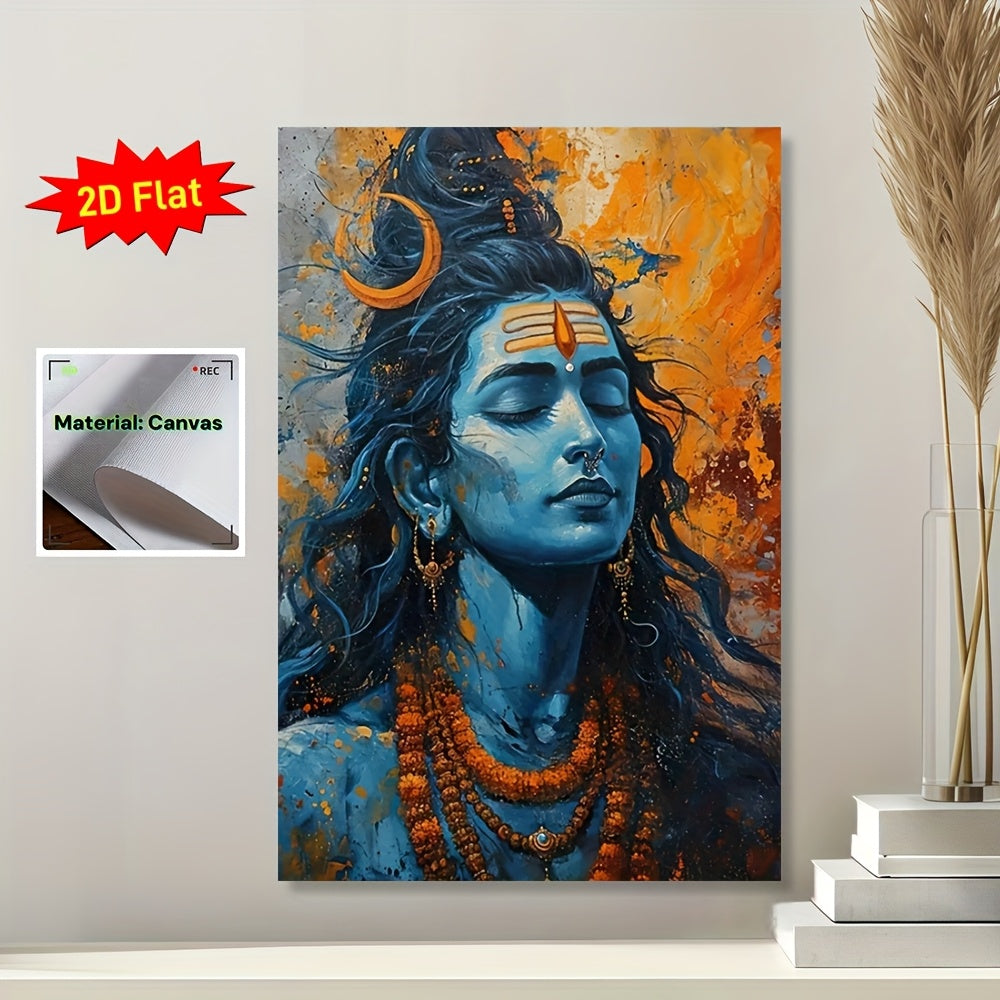2D Flat 1pc Lord Shiva Hindu Deity Framed Canvas Wall Art | Indian Religious Icon in Blue and Gold | Ready to Hang Scroll Poster Print for Home Temple Office or Dorm | Compatible with Indian Sutra Rods