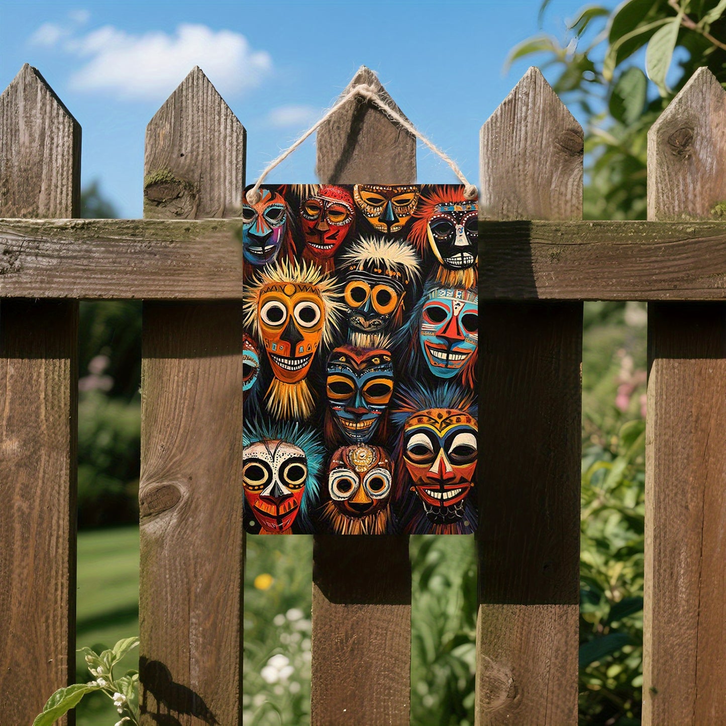 2D Flat African Tribal Mask Metal Sign | 12x8 Inch Cultural Wall Art Poster | Decorative Metal Wall Decor for Living Room Bedroom or Kitchen