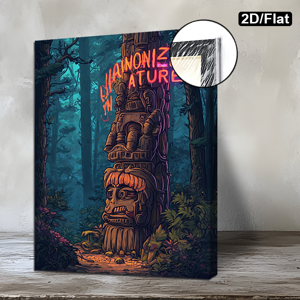2D Flat Mysterious Totem Pole Forest Canvas Wall Art | Enchanted Woodland Painting with Neon “Harmonize with Nature” Quote | Wooden Framed Modern Nature Decor