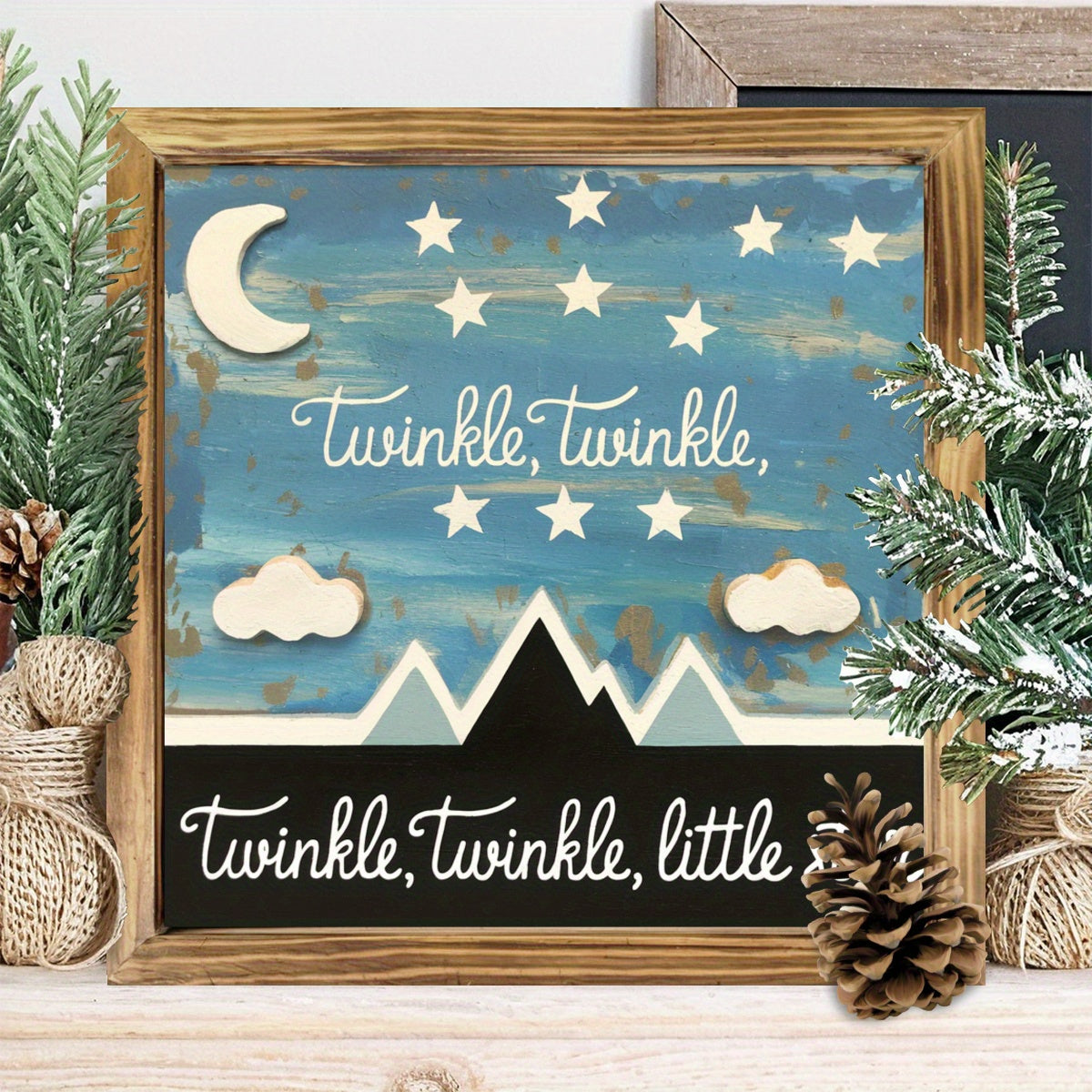 1pc 2D Flat Rustic Farmhouse Wood Framed Wall Art | Crescent Moon and Stars Night Sky in Blue and Golden Tones | Irregular Frame 2D Flat Panel for Bedroom Living Room Kitchen or Bathroom | Celestial Theme Home Décor