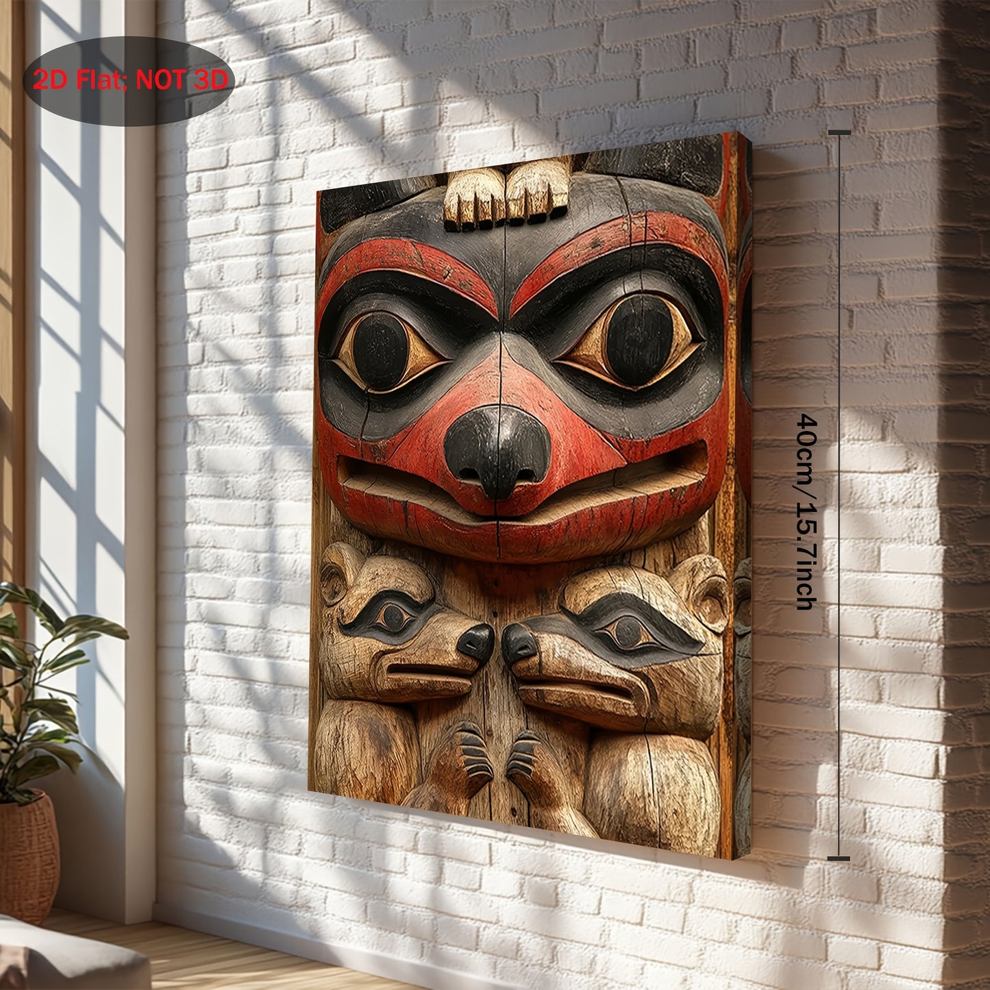 2D Flat 1pc Native American Totem Pole Wall Art | Red & Black Tribal Canvas Painting with Bear, Wolf & Orca | Cultural Hanging Decor (11.8×15.7 in / 30×40 cm)