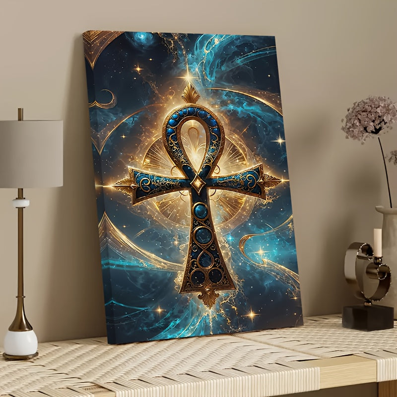 1pc Egyptian Cross Ankh Abstract Canvas Wall Art | Deep Blue and Gold Ancient Egyptian Symbol Print | 2D Flat Cultural Decor for Living Room Bedroom or Home Office
