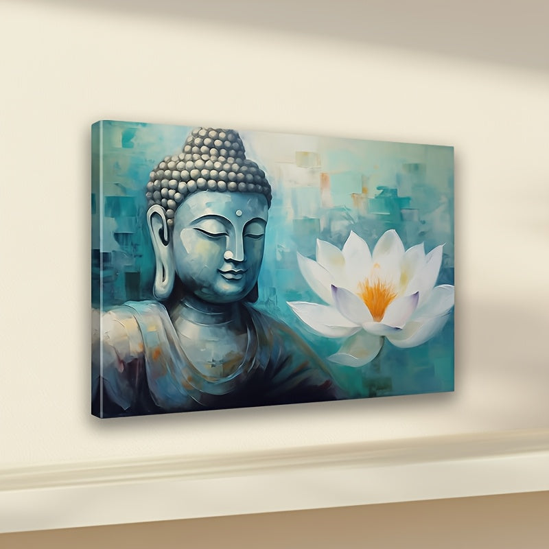 2D Flat Framed Zen Buddha in Lotus Canvas Wall Art | Serene Blue Halo Buddha with White Lotus | Wooden Frame Horizontal Spiritual Decor for Meditation Rooms Yoga Spaces Living Room and Bedroom
