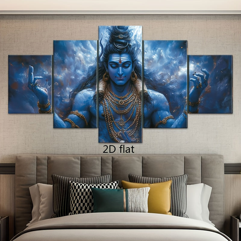 2D Flat 5pcs Frameless Canvas Hindu Shiva Portrait Statue Religious Theme Wall Art Spiritual Home Decor for Living Room Bedroom Office Dining Area Bar