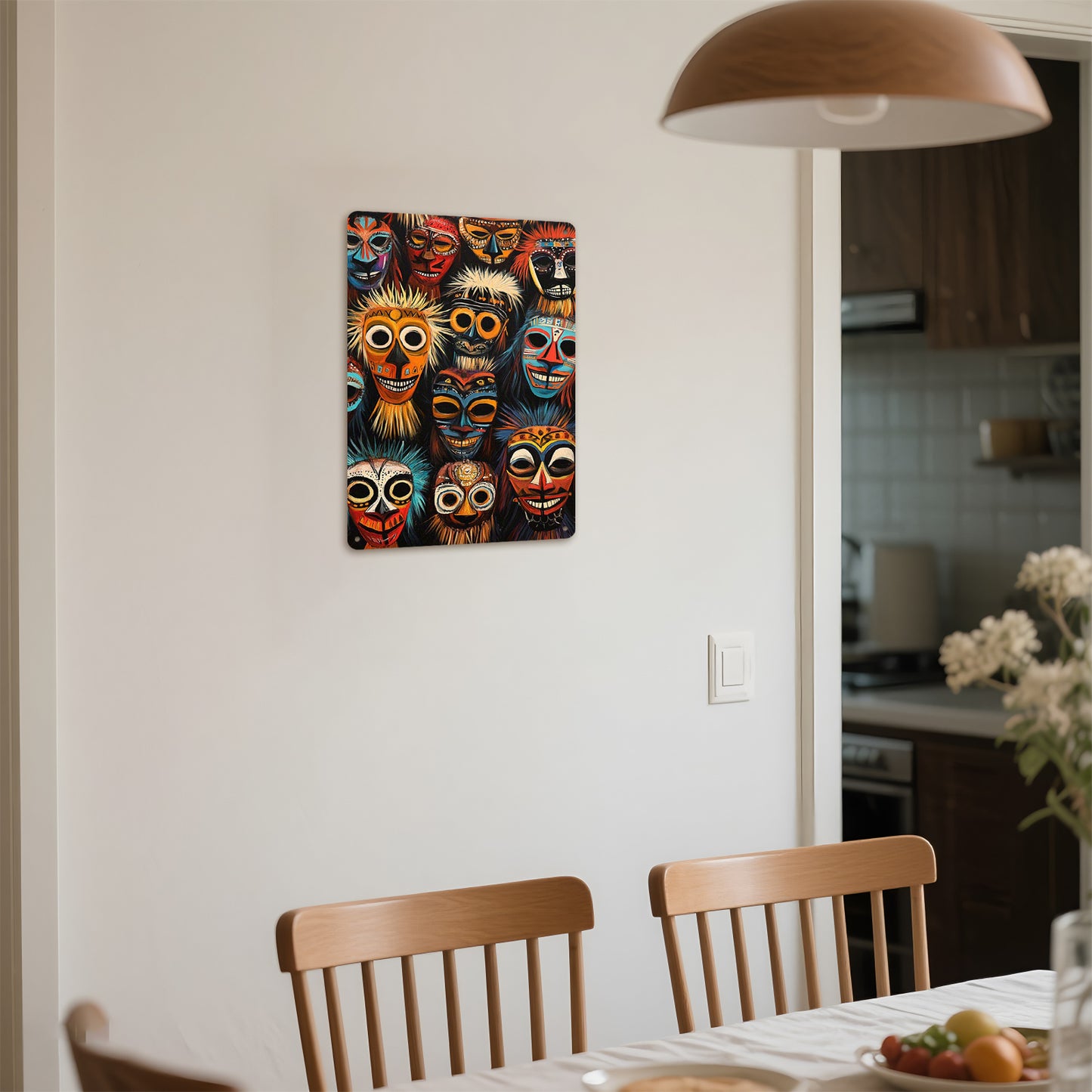 2D Flat African Tribal Mask Metal Sign | 12x8 Inch Cultural Wall Art Poster | Decorative Metal Wall Decor for Living Room Bedroom or Kitchen