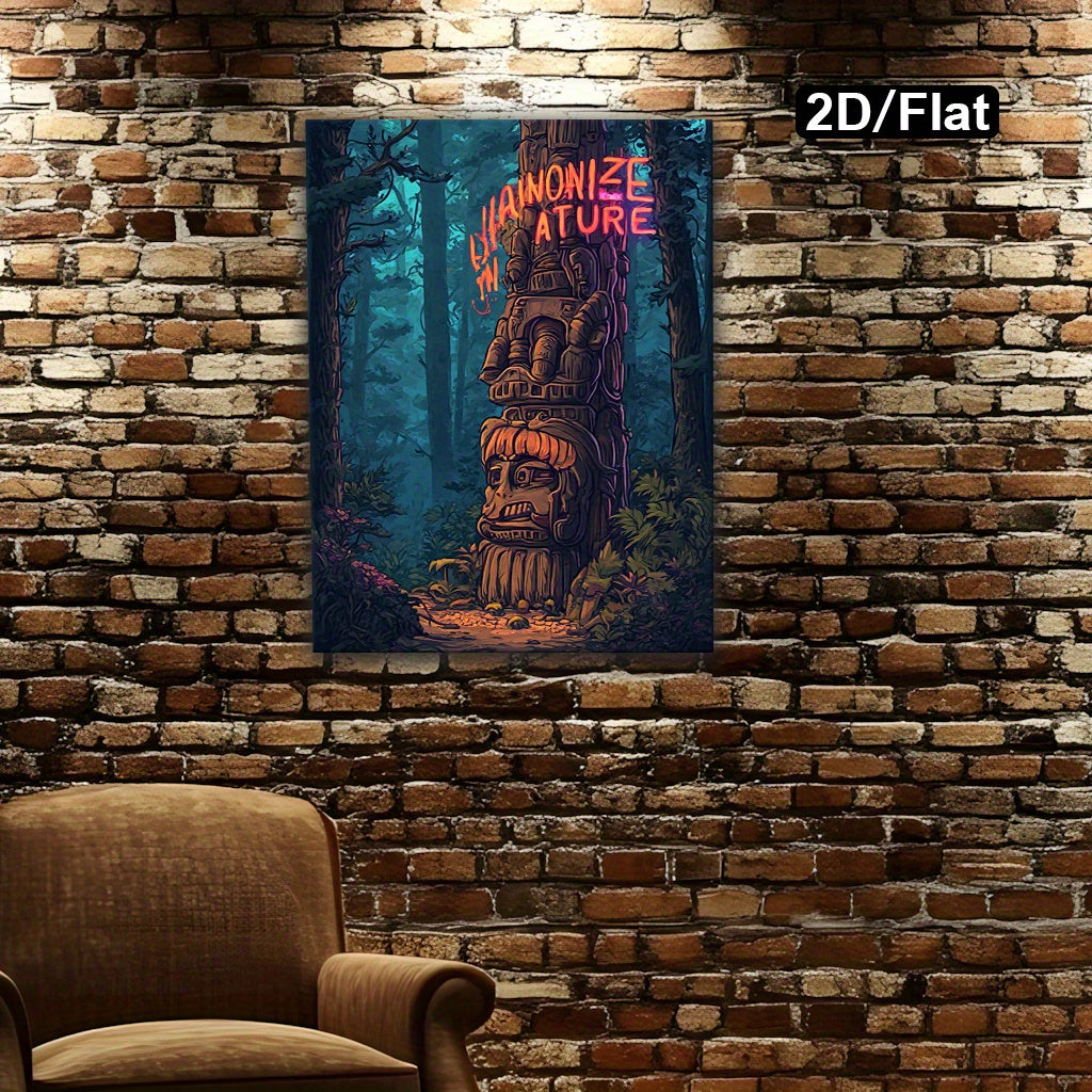 2D Flat Mysterious Totem Pole Forest Canvas Wall Art | Enchanted Woodland Painting with Neon “Harmonize with Nature” Quote | Wooden Framed Modern Nature Decor