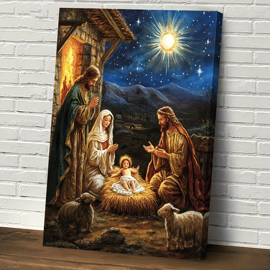 1pc 2D Flat Wooden Frame Christian Nativity Canvas Wall Art | 11.8x15.7 Inch Rustic and Contemporary Starry Night Scene | Religious Home Décor for Living Room Bedroom Kitchen or Office | Meaningful Christian Gift