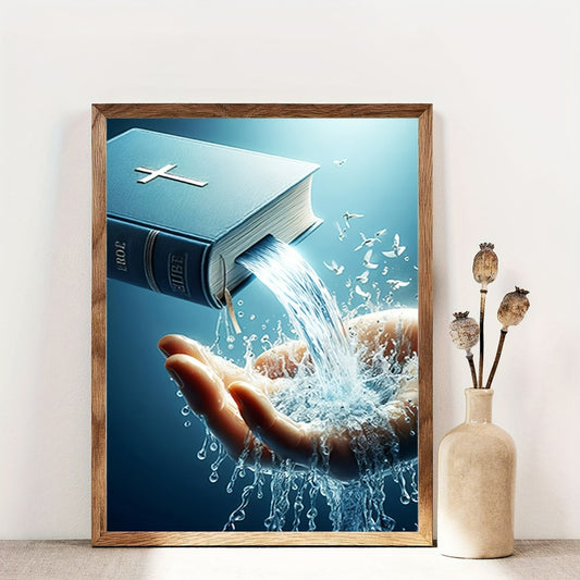 2D Flat 1pc Large Framed Christian Bible Verse Wall Art Jesus Christ Holy Spirit Water Flowing from Open Book Cross 12x16 Inch Vertical Religious Oil Painting Farmhouse Vintage Church Decor Suitable for Bedroom Living Room