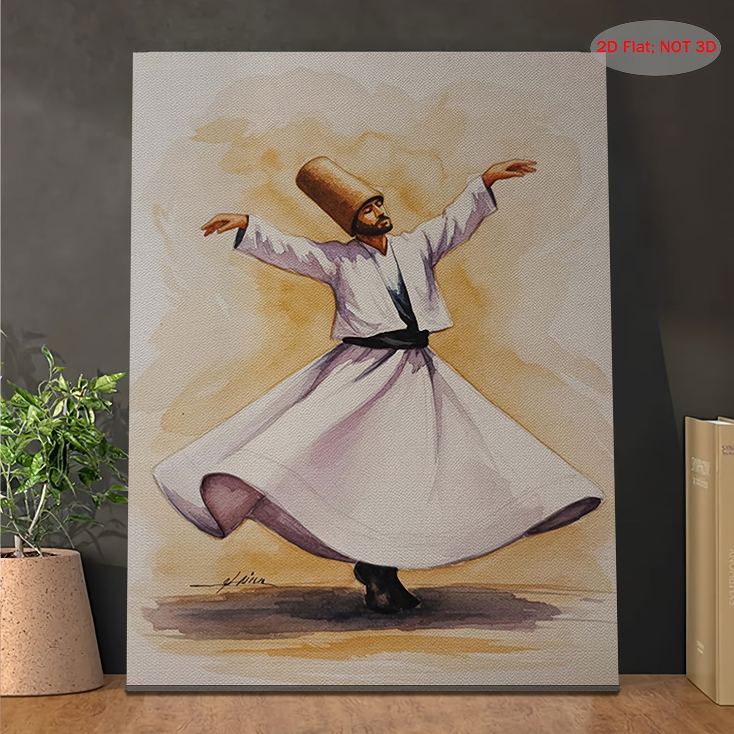 2D Flat 1pc Whirling Dervish Sufi Dance Mystic Turkish Cultural Wall Art Framed Canvas Painting 11.8x15.7 Inch for Bedroom Living Room Bathroom Kitchen Spiritual Gift