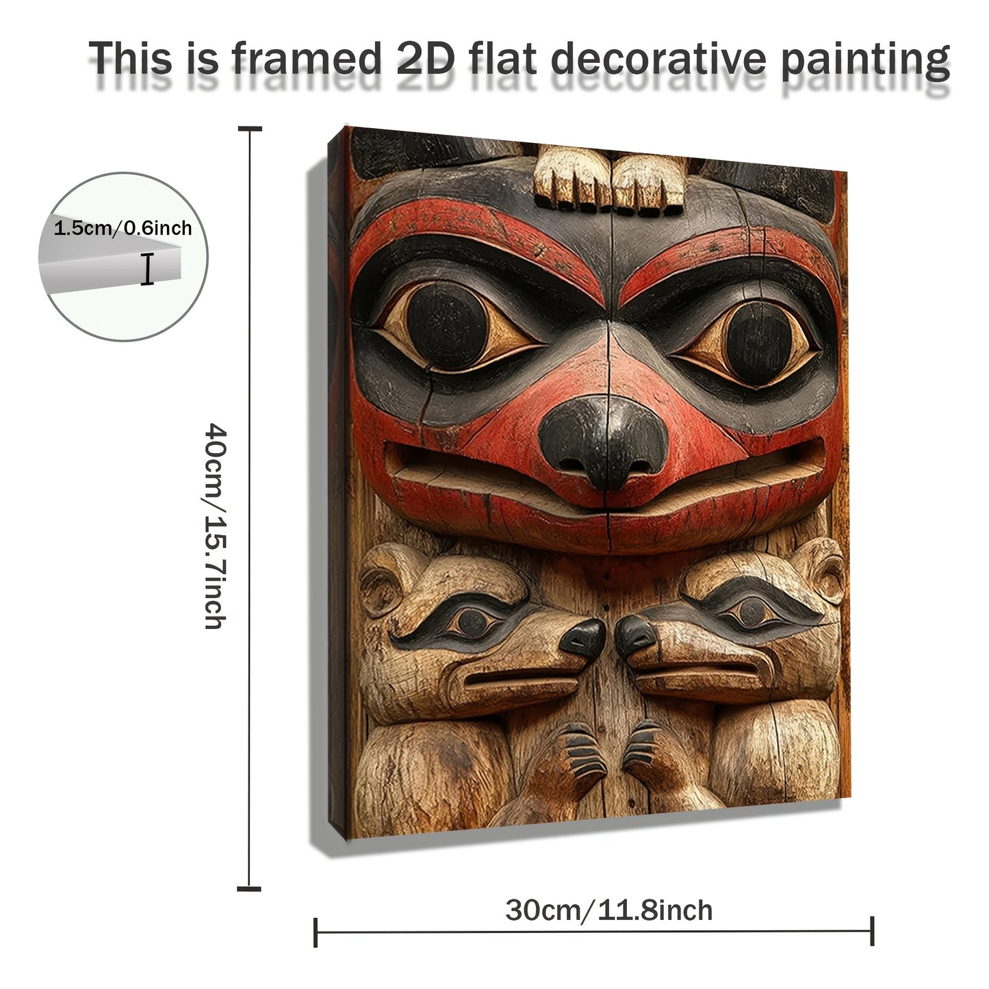 2D Flat 1pc Native American Totem Pole Wall Art | Red & Black Tribal Canvas Painting with Bear, Wolf & Orca | Cultural Hanging Decor (11.8×15.7 in / 30×40 cm)