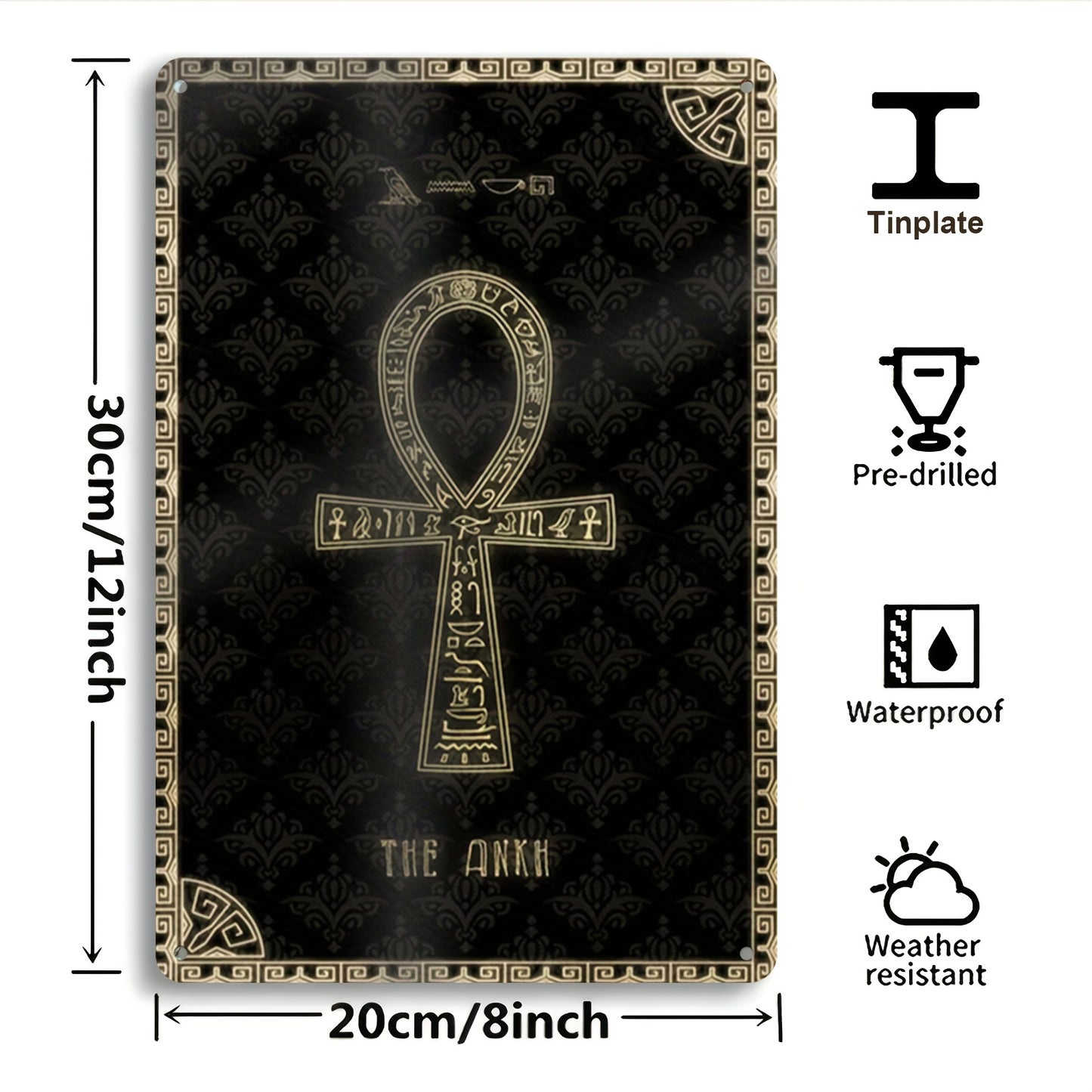 1pc Egyptian Ankh Cross Metal Wall Art | Golden and Black Ancient Egyptian Symbol with Hieroglyphic Border | 12x8 Inch Cultural Decor for Home Office Living Room Bedroom