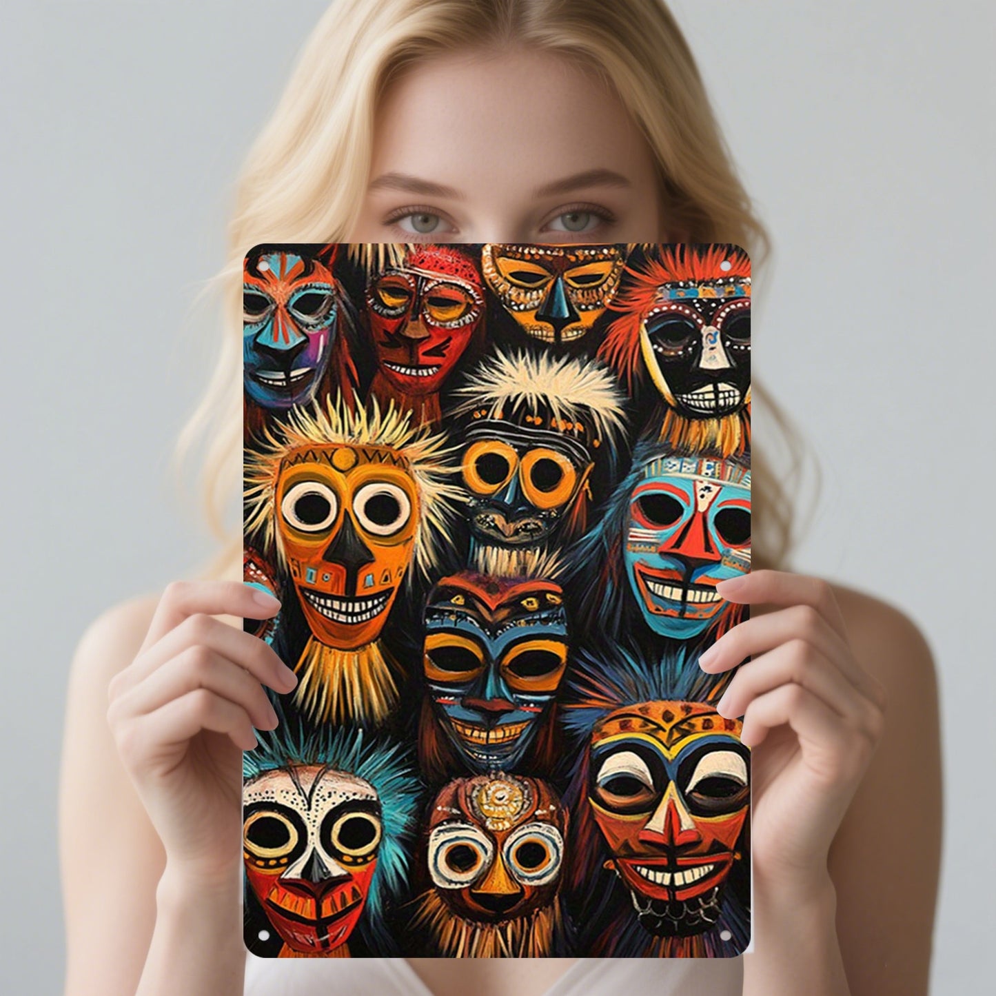 2D Flat African Tribal Mask Metal Sign | 12x8 Inch Cultural Wall Art Poster | Decorative Metal Wall Decor for Living Room Bedroom or Kitchen