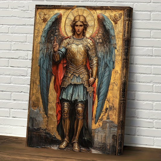 1pc 2D Flat Framed Orthodox Archangel Michael Wall Art | Vibrant Religious Painting with Detailed Armor and Wings | Ready-to-Hang Spiritual Décor for Home, Office, or Prayer Space | Rich Color Artwork | 2D Flat