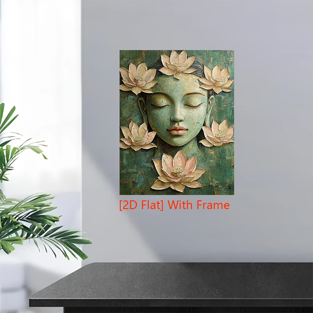 1pc 2D Flat 12.0x16.0inch Serene Buddha Canvas Painting with Wood Frame Green Beige Lotus Meditation Art Boho Spiritual Wall Decor for Home Office Yoga Studio Regenerated Wood Ready to Hang Perfect for Room Decor Yoga Studio Art