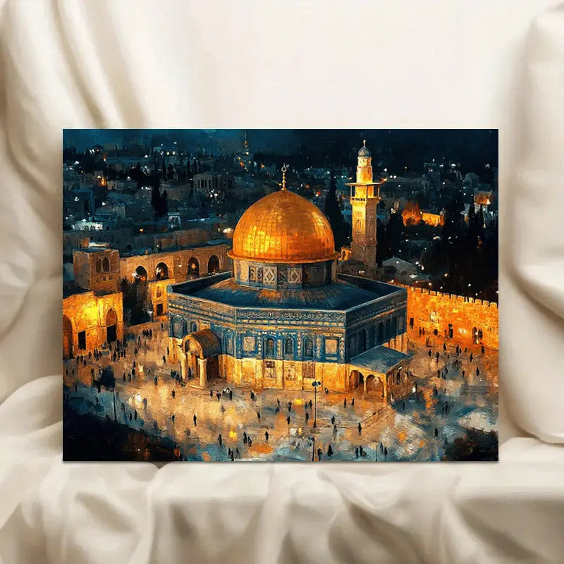 1pc 2D Flat Large Framed Islamic Wall Art | Dome of Al Aqsa Mosque Jerusalem with Golden Starry Sky | Elegant Aerial Night View Canvas for Muslim Homes Offices and Cultural Spaces | Premium Natural Wood Frame | 2D Flat