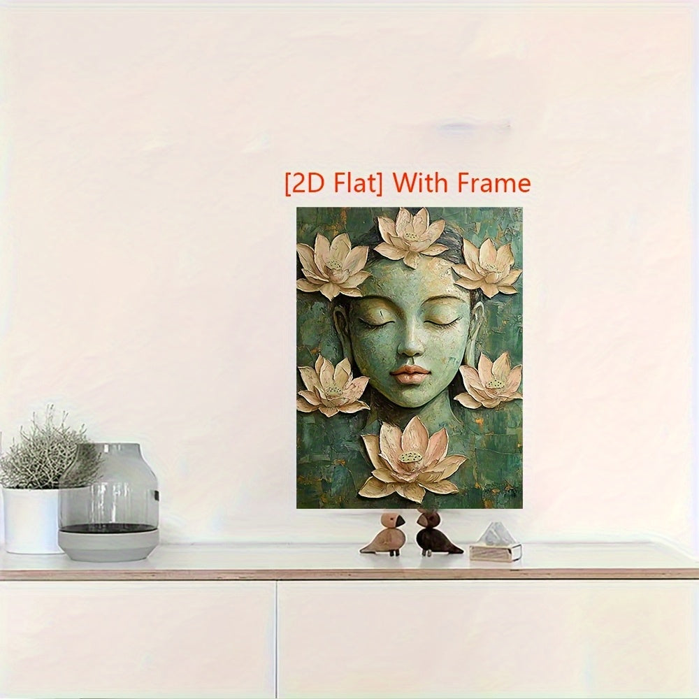 1pc 2D Flat 12.0x16.0inch Serene Buddha Canvas Painting with Wood Frame Green Beige Lotus Meditation Art Boho Spiritual Wall Decor for Home Office Yoga Studio Regenerated Wood Ready to Hang Perfect for Room Decor Yoga Studio Art