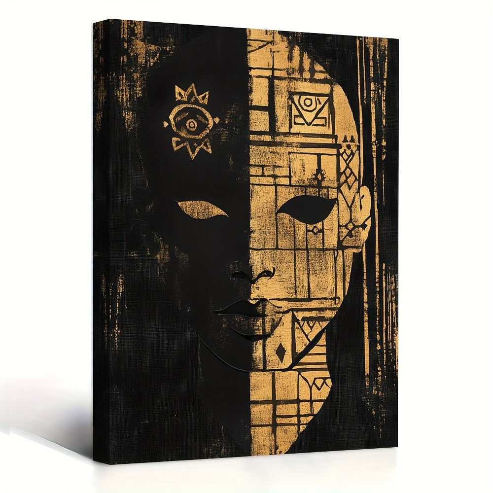 2D Flat Minimalist Framed Canvas Print – 11.8x15.7 Inch Stylized Tribal Portrait with Abstract Adinkra Symbols – Modern Wall Art for Living Room, Bedroom, or Office