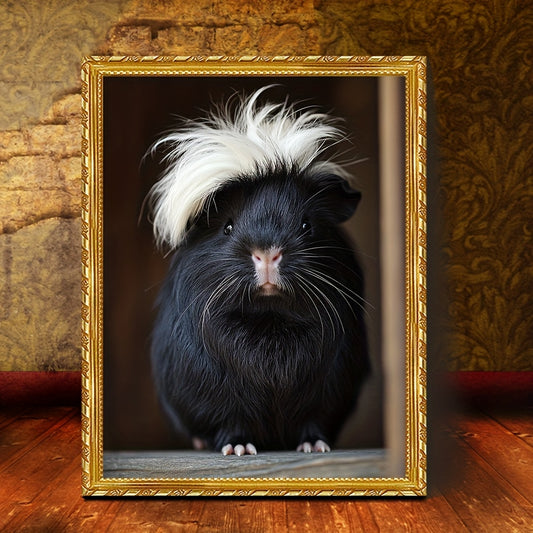 2D Flat 1pc Guinea Pig Canvas Art | Golden Plastic Frame | 11.8x15.7 Inch Retro Spirit Animal Wall Decor for Living Room, Dining Room, Nursery, or Corridor