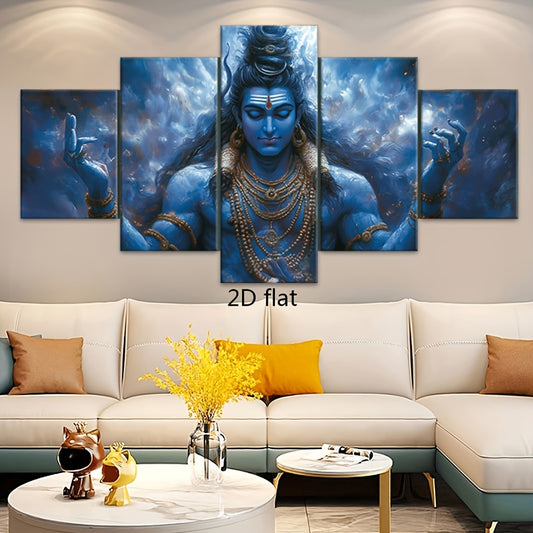 2D Flat 5pcs Frameless Canvas Hindu Shiva Portrait Statue Religious Theme Wall Art Spiritual Home Decor for Living Room Bedroom Office Dining Area Bar