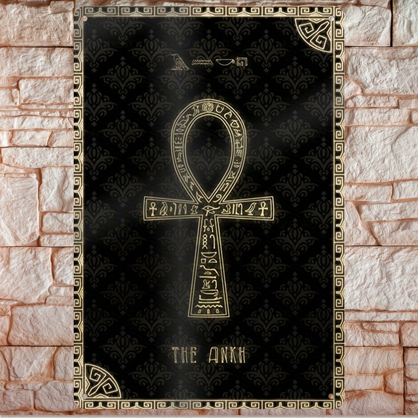 1pc Egyptian Ankh Cross Metal Wall Art | Golden and Black Ancient Egyptian Symbol with Hieroglyphic Border | 12x8 Inch Cultural Decor for Home Office Living Room Bedroom