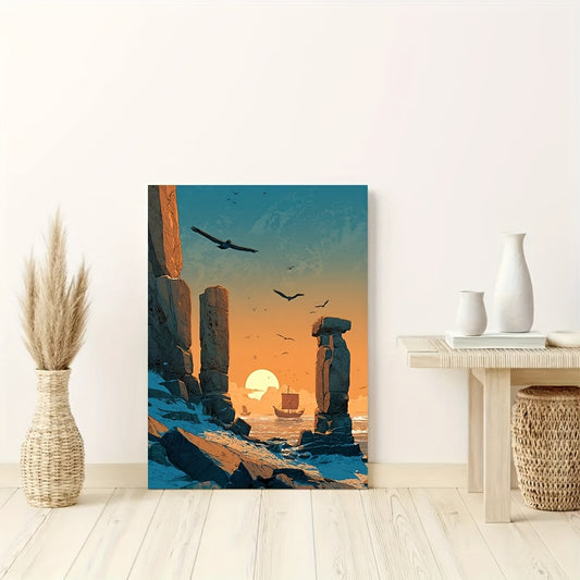 12x16 Inch Norse Viking Rune Framed Canvas Art Print | Ancient Ruins and Viking Longship Landscape | Scandinavian Mythology Wall Decor for Living Room Office or Man Cave