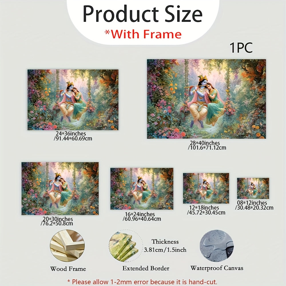 2D Flat Lord Krishna Playing Flute with Radha | Vibrant Floral Garden Canvas Painting | Modern Indian Art Framed Wall Decor for Living Room Bedroom or Office | Ready-to-Hang Wrapped Canvas Print | Hindu Cultural Decor