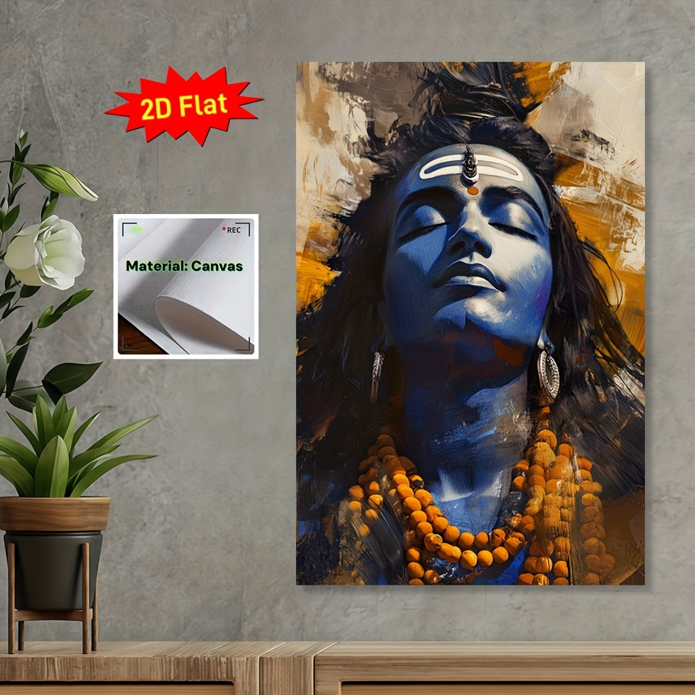 2D Flat Lord Shiva Hindu Deity Framed Canvas Wall Art | Indian Religious Artwork with Auspicious Red and White Ganga Jamuni Tikona | Ready to Hang Scroll Poster for Home Temple Office or Spiritual Gift | Compatible with Indian Scroll Rods