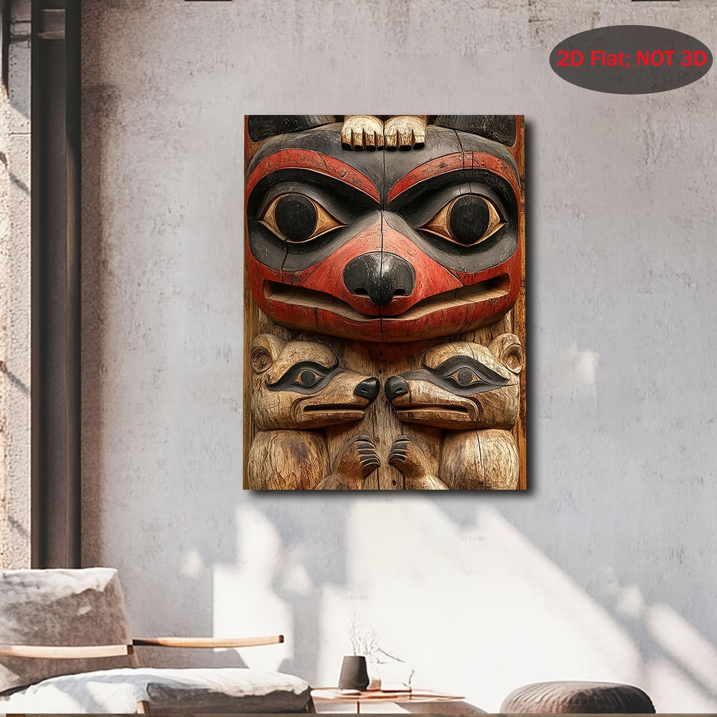 2D Flat 1pc Native American Totem Pole Wall Art | Red & Black Tribal Canvas Painting with Bear, Wolf & Orca | Cultural Hanging Decor (11.8×15.7 in / 30×40 cm)