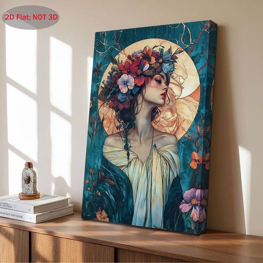 2D Flat 1pc Wooden Frame Canvas Painting | Aphrodite Greek Goddess Art | Vintage Art Nouveau Divine Feminine Decor | Venus Beauty Floral Mythology Wall Art for Bedroom Living Room or Gift