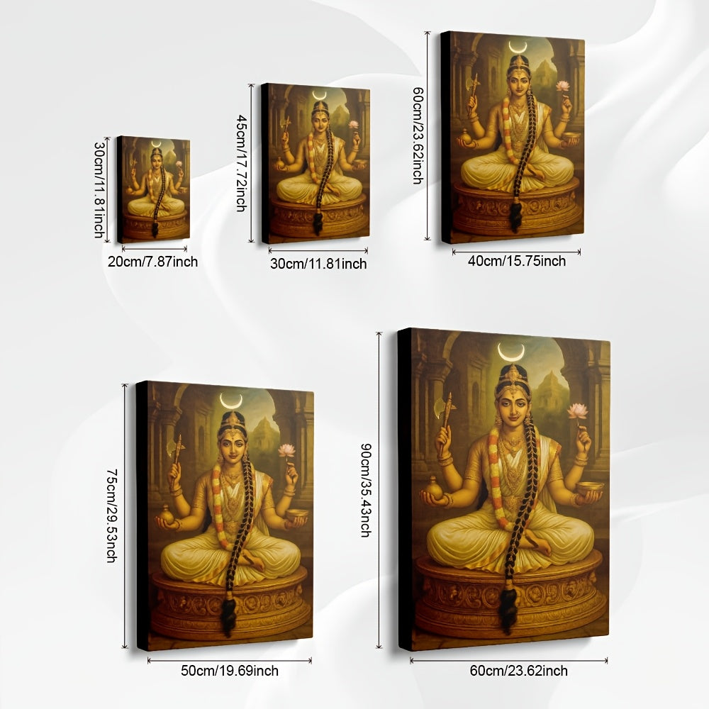 1pc 2D Flat Framed Hindu Goddess Devi Canvas Painting Crescent Moon Axe Lotus Pot Spiritual Wall Art for Living Room Bedroom Temple Meditation Room Study Office