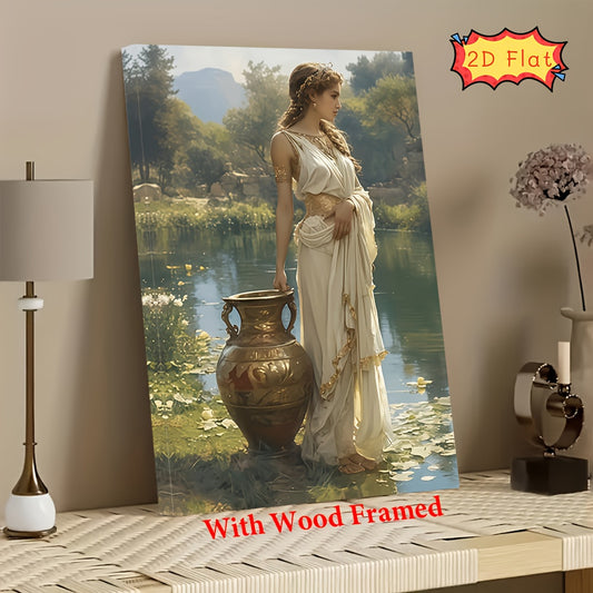 2D Flat 1pc Large Athena or Aphrodite Greek Goddess Framed Canvas Art | Golden Greek Vase Portrait | Solid Wood Frame Classical Wall Decor for Office Wedding Gift or Elegant Room Decor