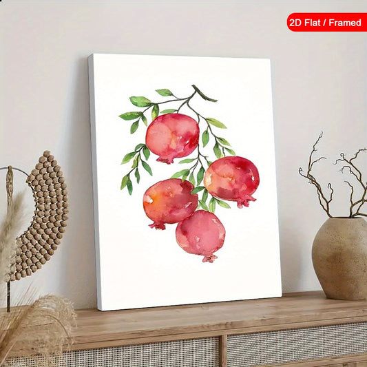 Framed Wall Art Featuring Pomegranates Decorative Canvas Print Red Fruits with Green Leaves Modern Stylish Artwork for Home Indoor Decoration